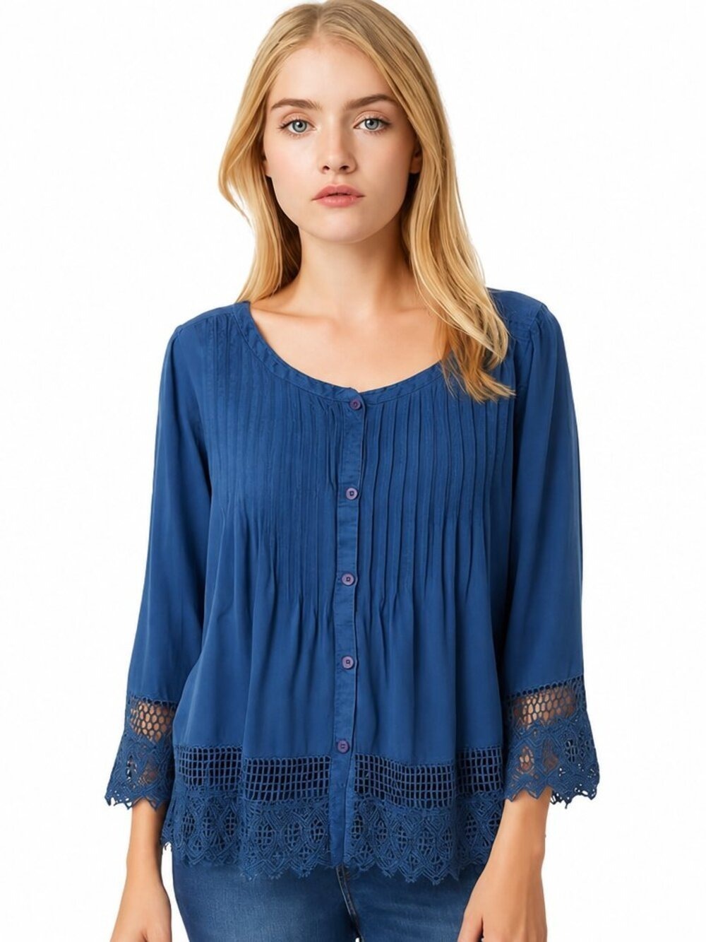 American Eagle Blue Lace Trim Button Front Blouse Size Small